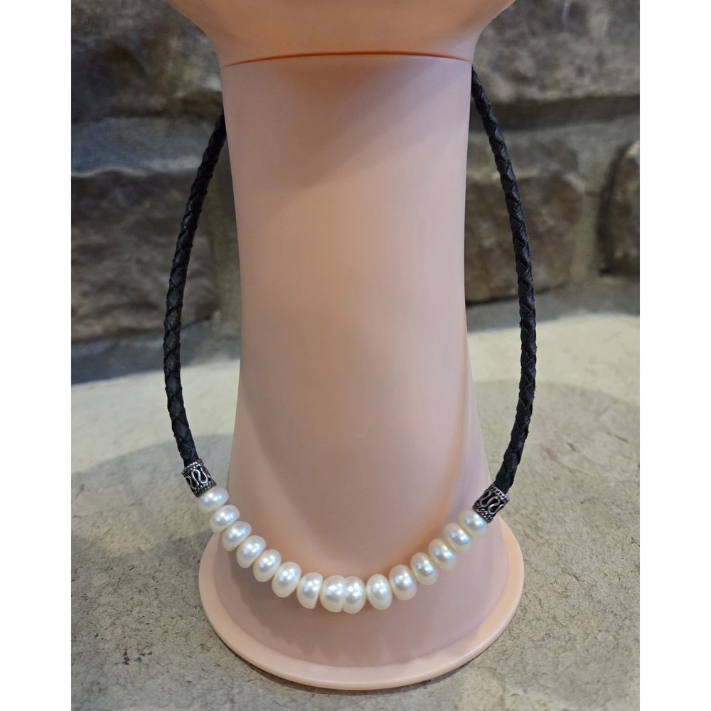 Women's Sterling Silver Braided Black Leather White PEARL NECKLACE CHOKER 15"